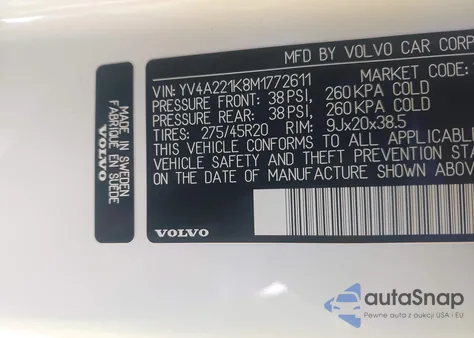 2021 Volvo Xc90 T6 Momentum 6 Passenger from USA, damaged, VIN YV4A221K8M1772611